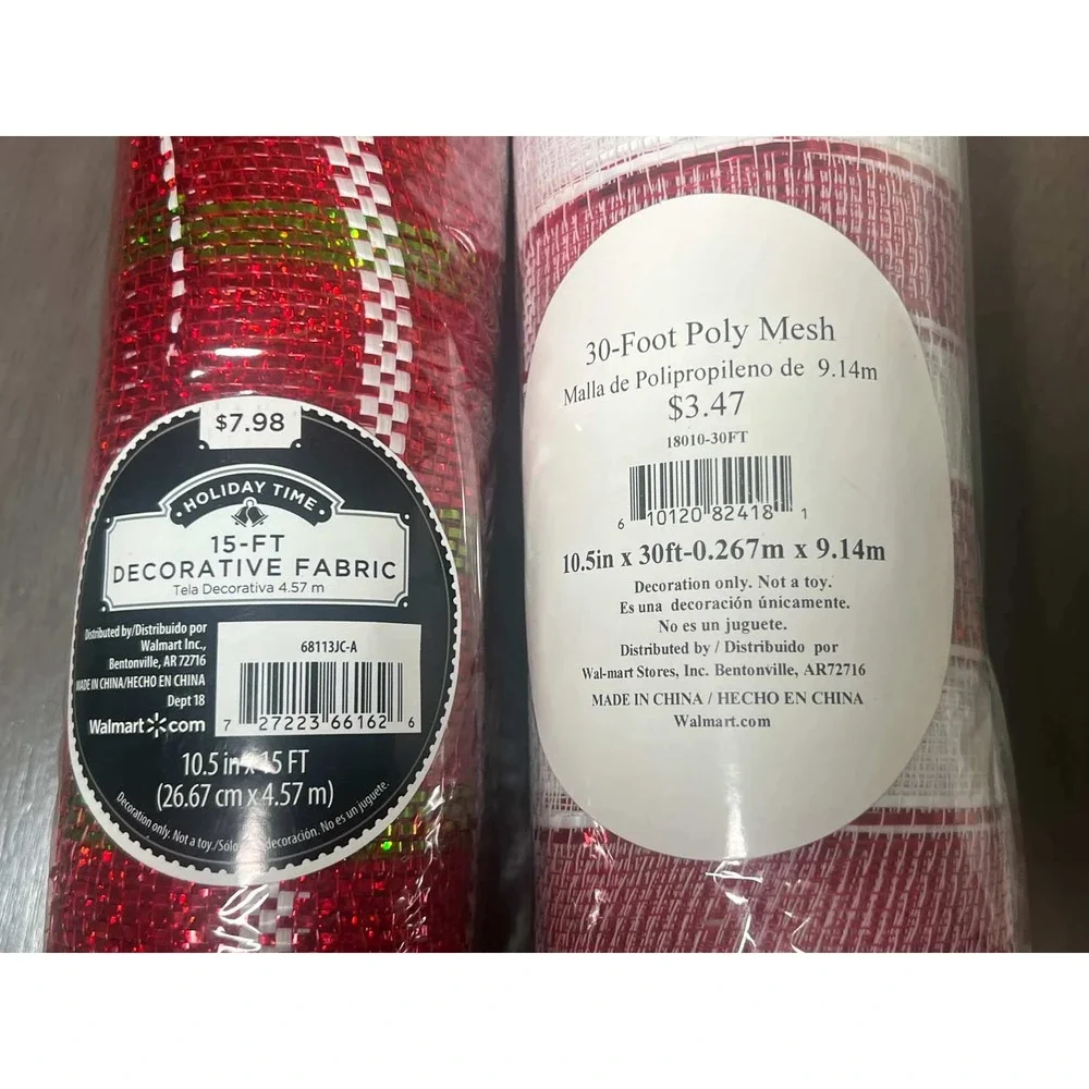 Holiday Time Poly Mesh Decorative Fabric Red White Green 10.5in 2 Rolls 45ft